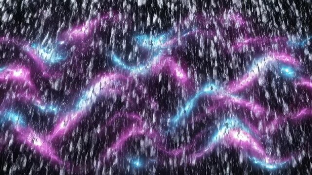 Seamlessly looping background of stylized, perfectly formed rain droplets falling rapidly through a field of electric magenta and cyan light blue, pattern, wet