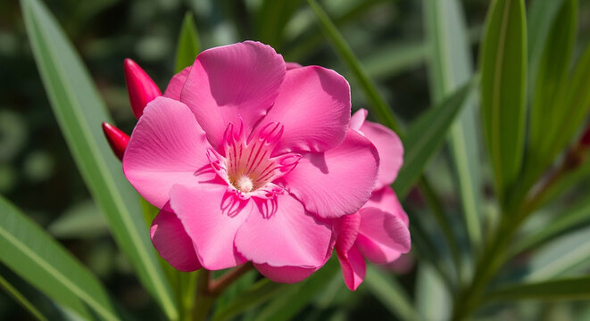Close up of blooming pink oleander also known as adelfa flower in natural daylight, fresh green leaves background, botanical and garden concept with soft natural light and copy space