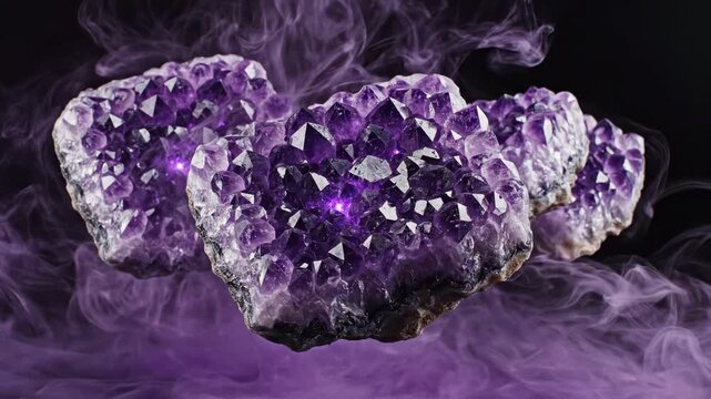 Seamlessly looping background video of glowing amethyst clusters rotating gently surrounded by slow-moving, cotton-like purple fog crystal healing, Seamlessly looping background, clean