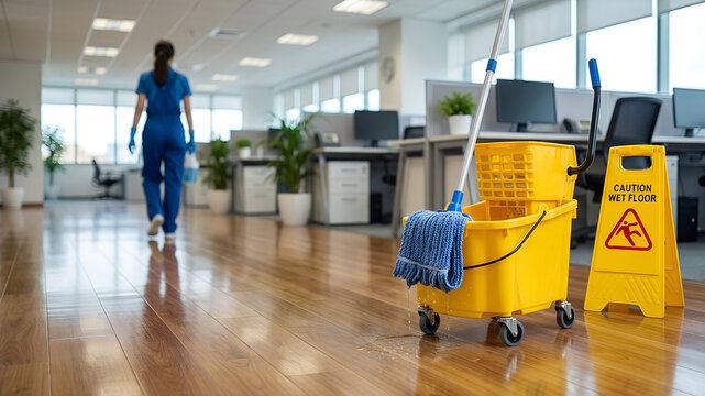 Yellow cleaning bucket, blue mop, caution wet floor sign and professional female cleaner at the office. Banner template for commercial cleaning service and work concept for business.