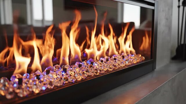 Seamlessly looping close-up of stylized electric fireplace flames flickering providing cozy warm ambiance in a modern apartment glow, cozy warm ambiance, minimalist design