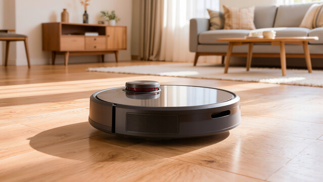 Smart robot vacuum cleaner on wooden floor in modern living room - AI powered home automation and effortless smart cleaning concept