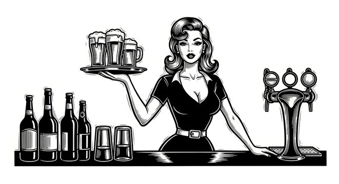 barmaid holding a tray of beer, surrounded by bottles, taps, and bar equipment sketch engraving generative ai fictional character vector illustration.