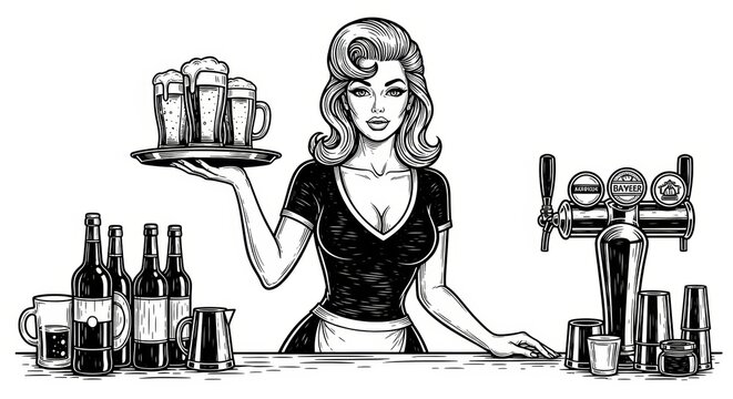 barmaid holding a tray of beer, surrounded by bottles, taps, and bar equipment sketch engraving generative ai fictional character vector illustration.