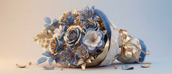 blue floral bouquet lying on surface in horizontal 3d composition