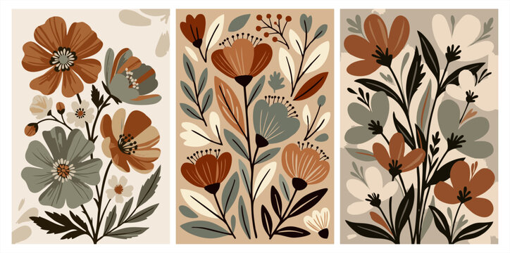 Organic earth tone floral triptych with botanical leaves and flowers, boho vector art.