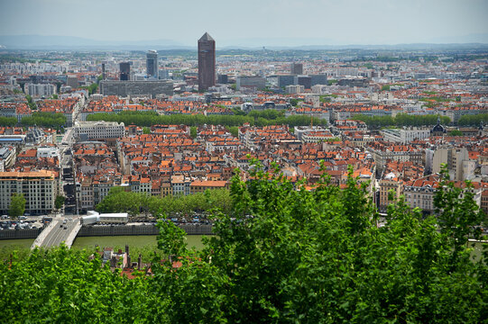 High angle panoramic view of Lyon city skyline with the Saone river and Part-Dieu district skyscrapers, Lyon, Auvergne-Rhone-Alpes, France, Europe