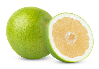 Fresh green organic oroblanco, pomelo, pomelit or sweetie grapefruit fruit and half of sweetie grapefruit citrus isolated.