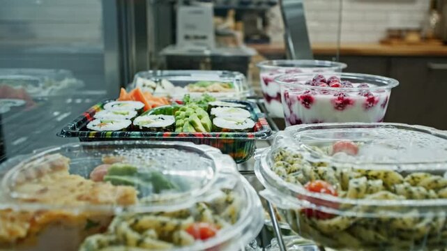Prepared food display inside of a refrigerated showcase with sushi, pasta salad, and fruit parfaits
