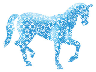 Obraz premium Blue horse silhouette filled with intricate floral ornamental pattern in a decorative style isolated on white background