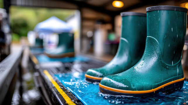 Close-up of green rubber farm boots standing on a wet disinfecting mat at a barn entrance for avian influenza biosecurity advertising banner and agricultural safety campaign marketing