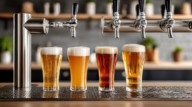 Row of stainless steel beer taps with four filled pint glasses of varied craft ales for bar happy hour advertising banner and brewery tasting promotion