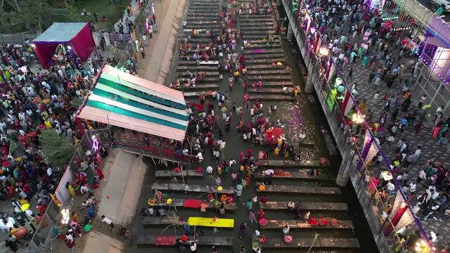 Ludhiana, Punjab, India, October 27 2025, Aerial view of Chhath Puja in Satluj River and Dugri Nahar