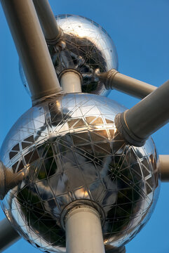 Close up vertical view of the reflective stainless steel spheres of the Atomium, Heysel Plateau, Brussels, Belgium, Europe.