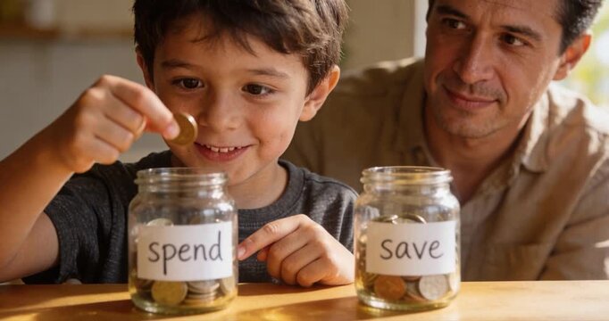 Child investing coins in jars with father concept of finance education