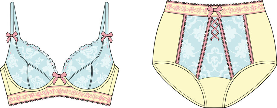 Pastel colored lace bra and high waisted panty set with pink bows Keywords: lingerie, bra, panty, underwear, set, pastel, blue