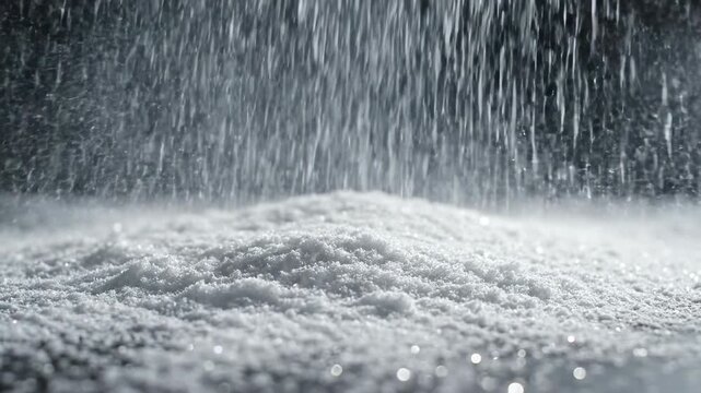 Seamlessly looping high-speed macro animation of fine crystalline powder snow continually falling and accumulating on a dark background surface high detail, snowfall, clean