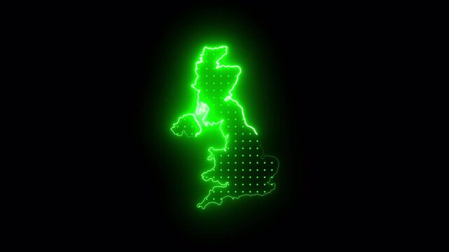 United Kingdom Map Animation with Neon Green Light. Cyber ​​Digital Style, with Alpha Channel Background, 4K Loop.