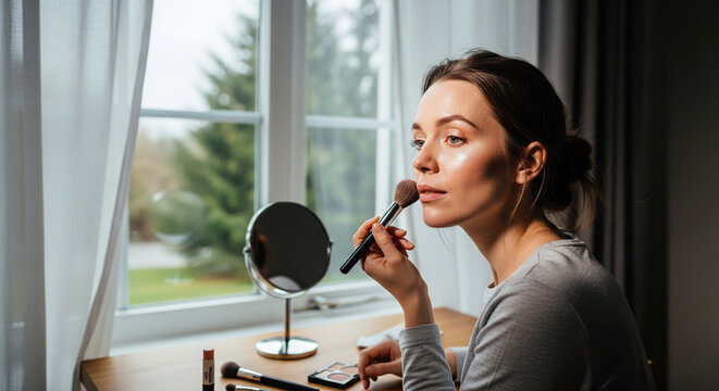 A woman applies makeup in front of a window with a view of the outdoors