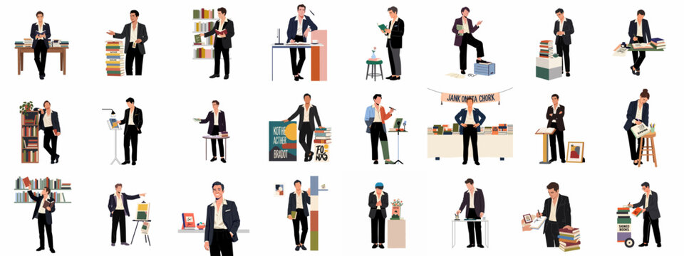 Illustrations of authors and writers engaged in literary activities, from reading and writing to book signings and presentations.