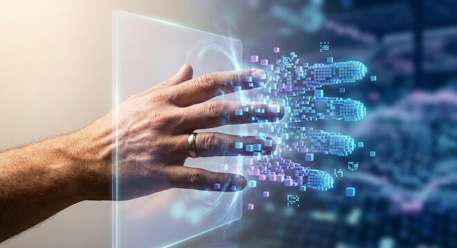Human arm reaching through a digital portal transforming into glowing pixels