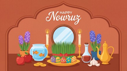 Naklejka premium Illustration of Haft-sin Table for Happy Nowruz Persian New Year Celebration