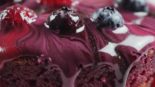 Seamlessly looping macro abstract shot showcasing the moist cake and thick glossy mixed berry glaze texture on the surface of a fresh cupcake pattern, surface, cream
