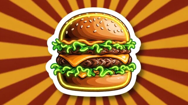 Cartoon burger on a yellow and red sunburst background