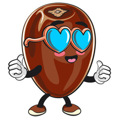 Naklejka premium cute dates fruit mascot character wearing heart shaped beach sunglasses, isolated vector illustration, work of hand drawn
