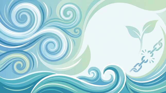 A sprouting seedling breaking free from chains, surrounded by swirling waves and leaves, symbolizing freedom and growth in a serene environment from a front viewpoint