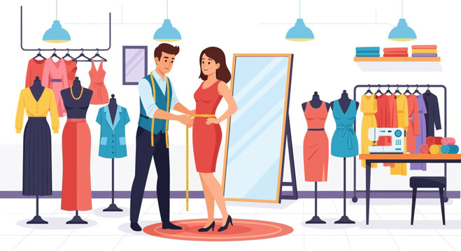 Boutique tailor measuring a female customer for custom dressmaking alterations and design for