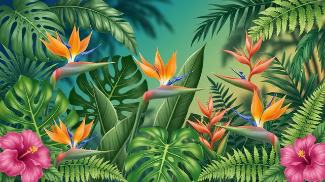 Seamlessly looping motion graphic animation of stylized jungle leaves and exotic blooming flowers oscillating in vibrant tropical colors tropical, pattern, art