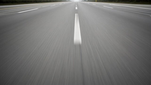 Fast moving road surface shot from low angle perspective on multilane highway with white markings in grey day