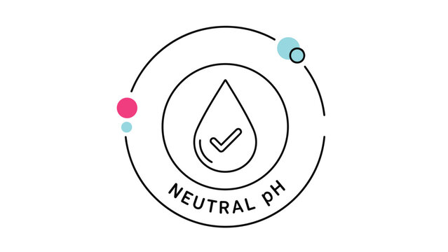 Neutral ph level indicator icon with a water drop and checkmark inside a circular frame with colorful accents.