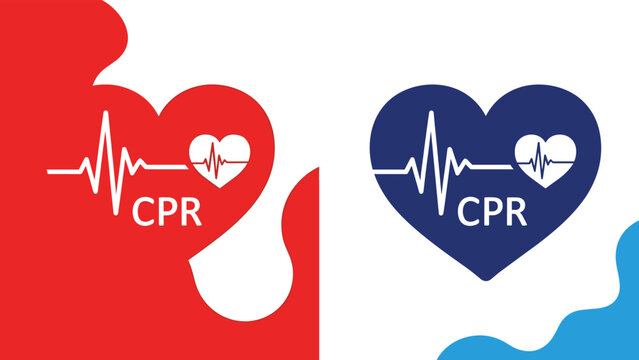 Medical CPR icons featuring heart shapes with pulse lines in red and blue colors for first aid training materials.