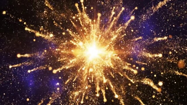 Abstract golden starburst explosion particle effect with bright light shining against dark blue starry night background