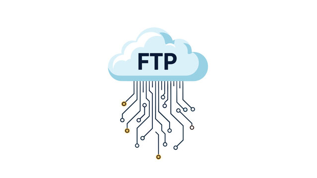 File transfer protocol FTP cloud computing icon with digital circuit lines, representing data storage and network connectivity.