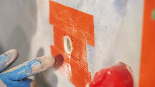hole in tile. master tiler drills a hole with a drill bit and power tools in the tile. professional tile work, bathroom renovation, tile installation, slow motion