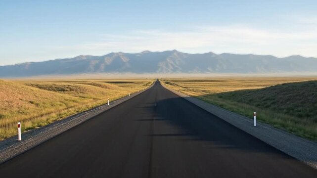 Straight empty road with scenic views of mountains in distance, wide open landscape, aerial drone perspective