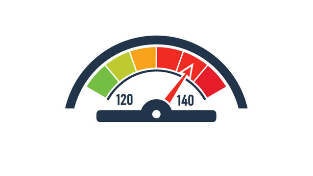 Performance speedometer gauge with a needle pointing to a high value of one hundred forty on a multi colored scale.