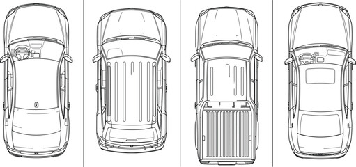 Set of four different car top view line art illustrations including sedan, suv, and pickup truck for architectural parking plan, © Mehedi