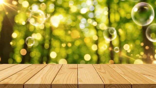 Seamlessly looping motion graphic of a clean empty wooden plank tabletop foreground with brilliant dancing sunlight orbs creating an animated green nature bokeh backdrop outdoor, summer, particles