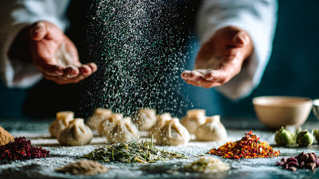 Chef cuisinier jetant de la farine sur des ravioles fraiches