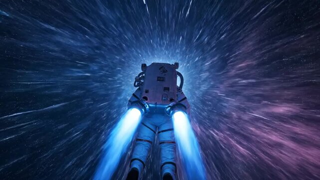 Rear view of astronaut flying fast with jetpack through warp speed tunnel in outer space