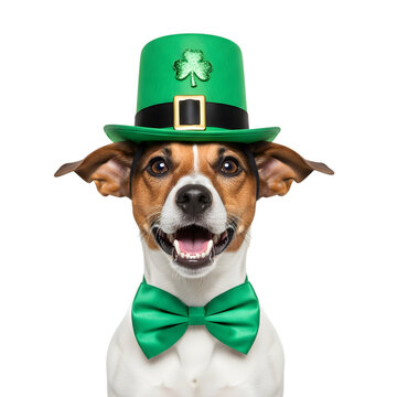 St patrick's day dog in green hat and bow tie isolated on transparent background