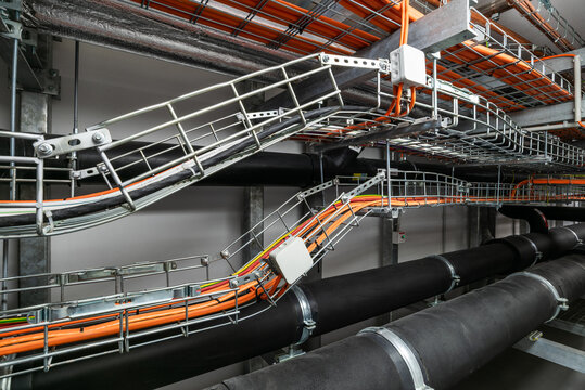 Industrial cable trays with organized electrical wiring installation