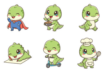 Naklejka premium Set of Six Kawaii Baby Green Dinosaur Characters with Hobby and Profession Poses Vector