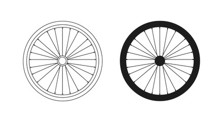 Two simple line illustrations depict bicycle wheels one outlined and one filled creating a stark contrast silhouette high quality © Pvect02