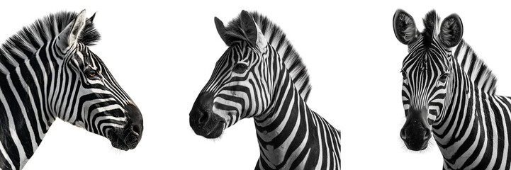 Set of Black and white zebra illustration rendered as realistic fine art painting on transparent png background. Ai generated