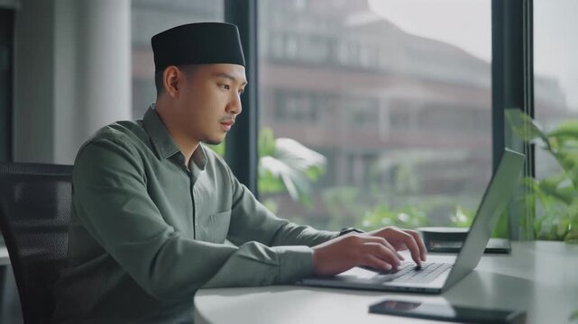 Man wearing a peci hat diligently working on a laptop in a modern office setting with a city view